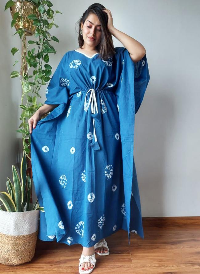 Cotton Sea Blue Party Wear Digital Printed Kaftan